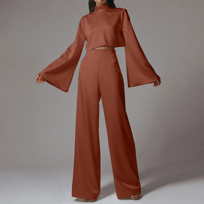 Celmia Women Solid 2 Pieces Sets Casual Satin Silk Suits Vintage Flare Long Sleeve Crop Tops Blouses and Wide Leg Long Pant Sets