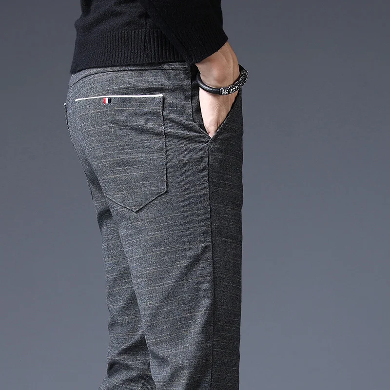 Men's Casual Pants Slim Fitting Elastic Plaid Long Trousers Pants 