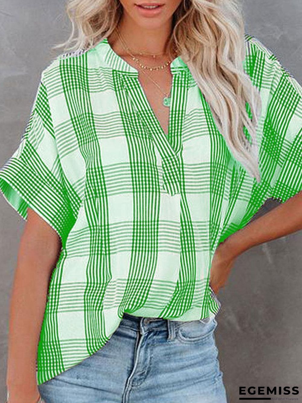 Check Print Casual Loose Short Sleeve Blouse | EGEMISS