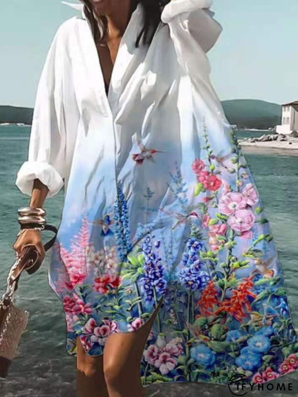 Floral Printed Shawl Collar Holiday Long Sleeve Casual Weaving Dress | IFYHOME