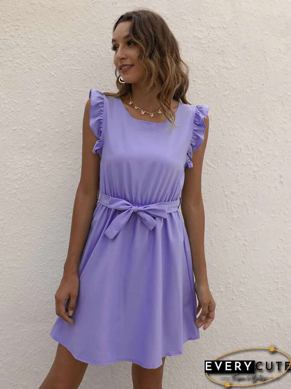 Summer Casual Dress Solid Color Round-neck Waist Ladies Skirt Temperament Commuter Office