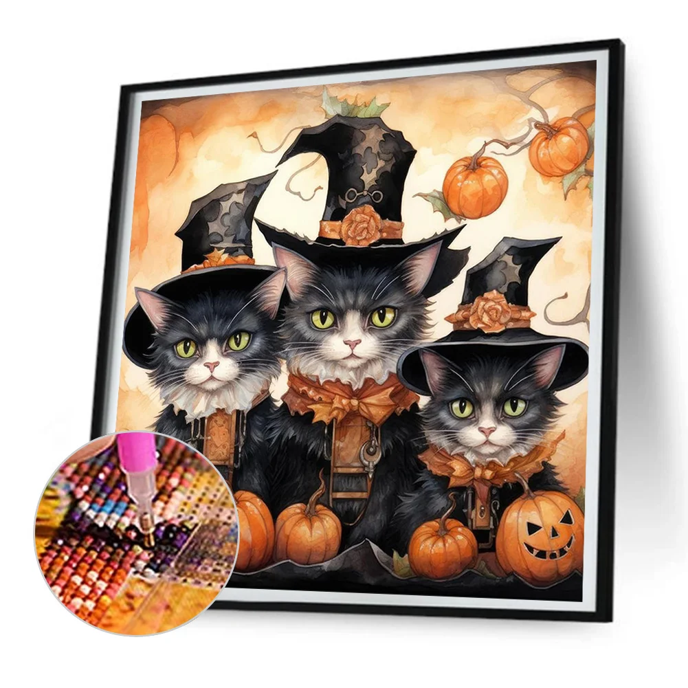 5D DIY Full Round Drill Diamond Painting Halloween Cat Pumpkin Kit Decor 30x30cm