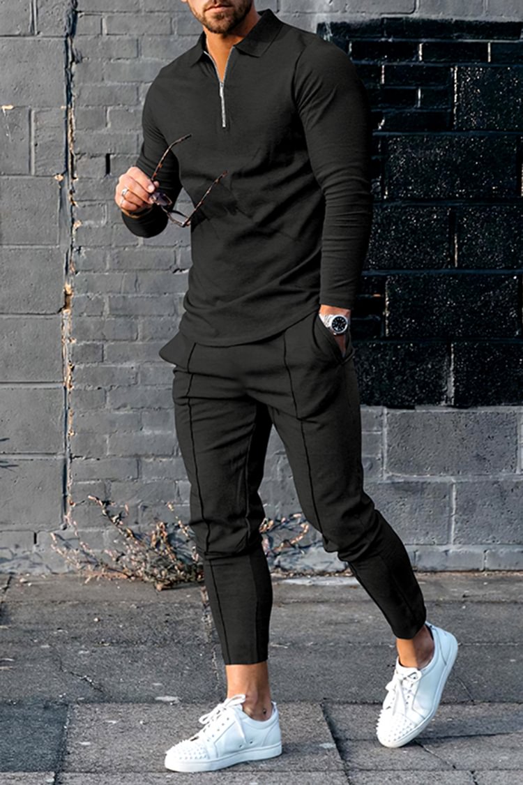Tiboyz Casual Black Polo Shirt And Pants Two Piece Set