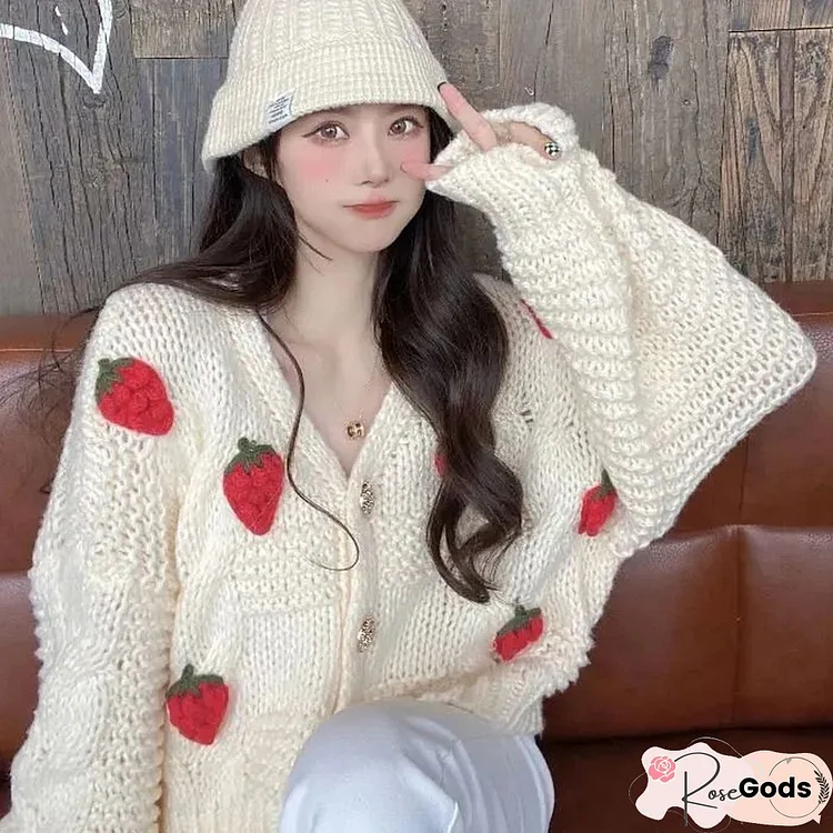 Women Harajuku Strawberry Loose Cardigan Sweater Fall Fashion Long Sleeve Korean Tops Chic Female Preppy Style Y2K Sweater