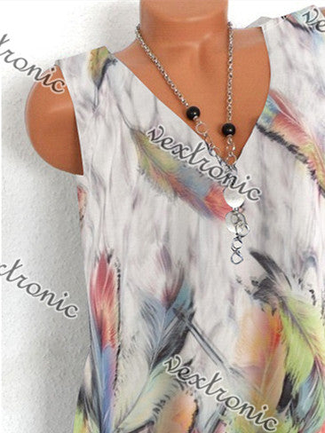 Women Sleeveless V-neck Feather Printed Tops