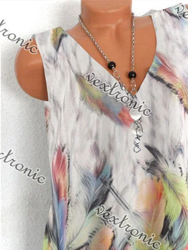 Women Sleeveless V-neck Feather Printed Tops