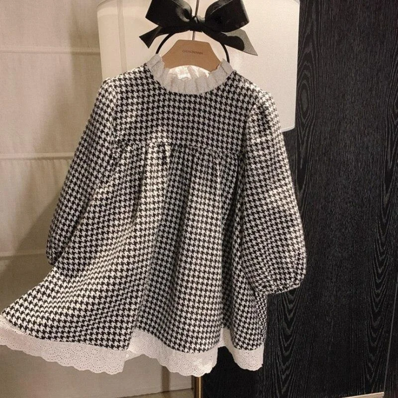 Houndstooth Kids Dress Spring Summer Baby Girls Tops Bottoming Children Clothes Special Occasion Long Sleeve High Quality