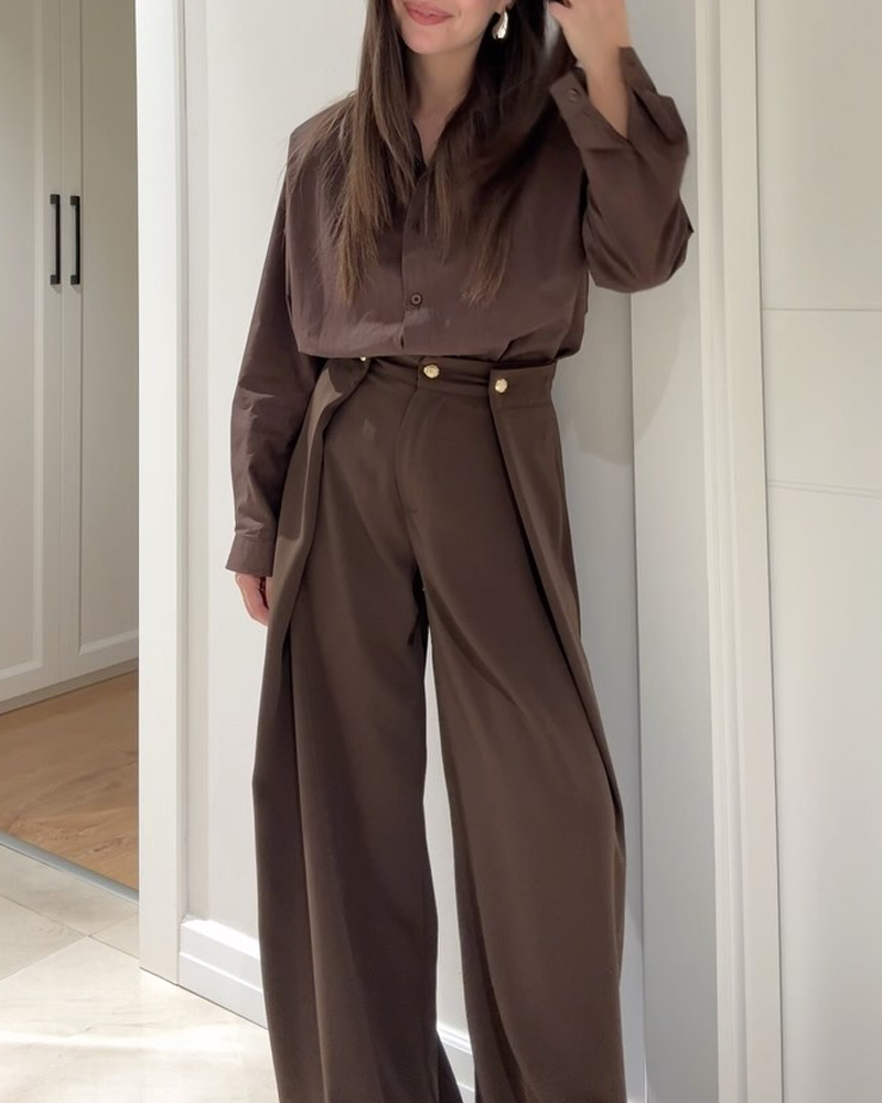 Solid Commuter Lappel Shirt & Pants Two-Piece Set