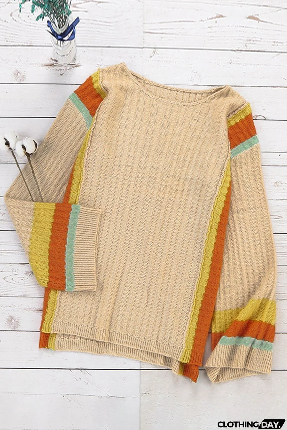Women's Apricot Colorblock Bell Sleeve Lightweight Sweater
