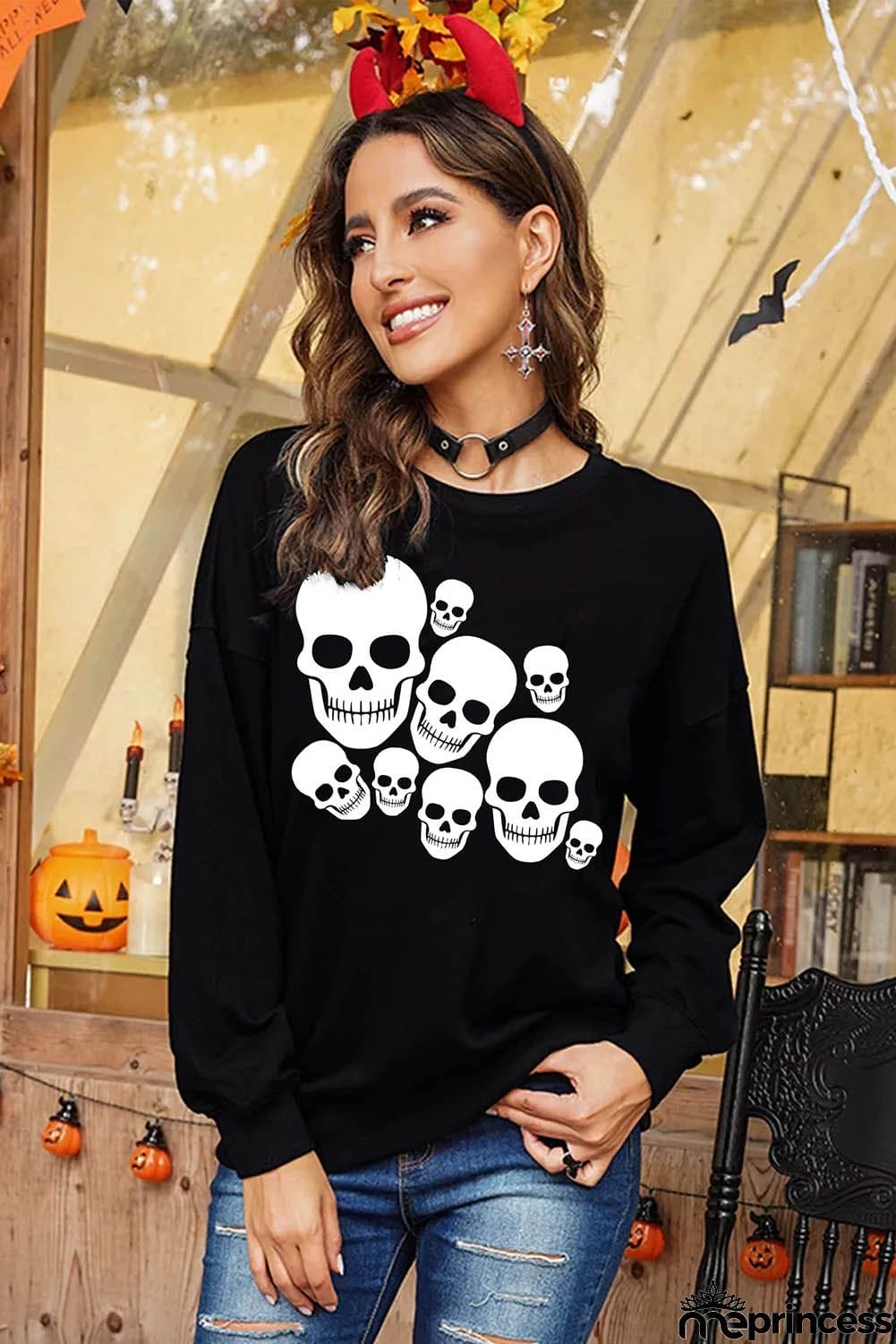 Ghosts Halloween Print Drop Shoulder Black Sweatshirt