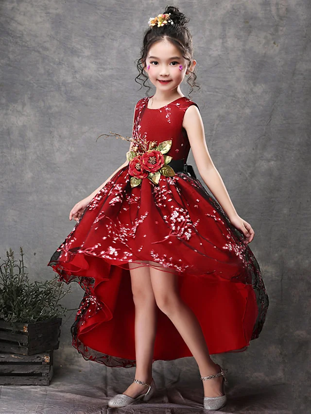 Daisda Princess Sleeveless Jewel Neck Asymmetrical Flower Girl Dresses Satin Tulle With Belt  Appliques