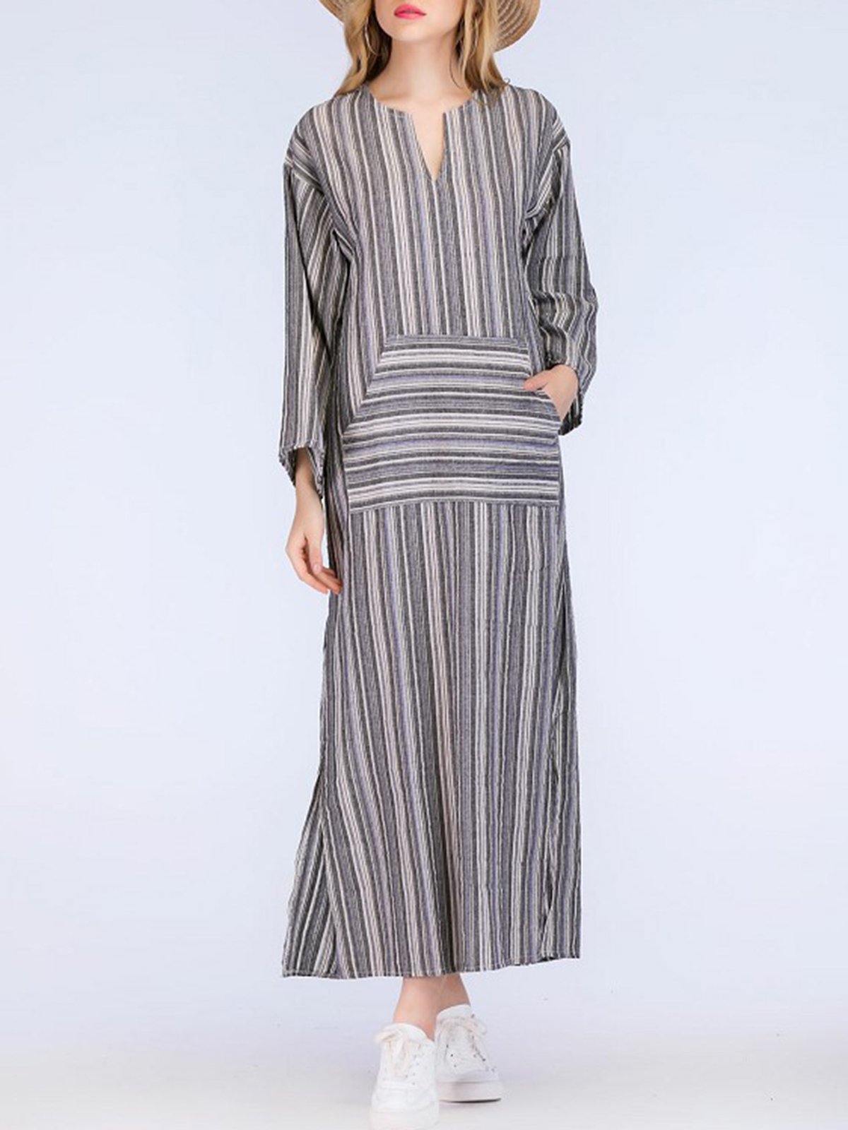 Plus Size V-Neck Dress Shift Daily Linen Pockets Maxi Dress