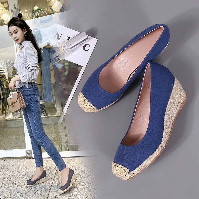 Wongn Wongn Slope And Fisherman Shoes Female 2023 New Four Seasons Canvas High Heels With A Single Shoe