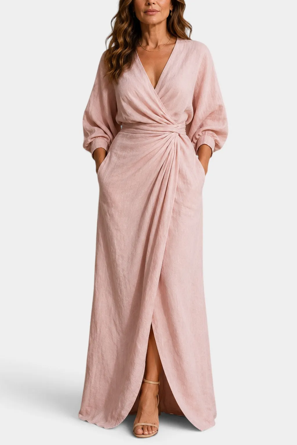 Wrap V-Neck Maxi Dress with Draped Waist