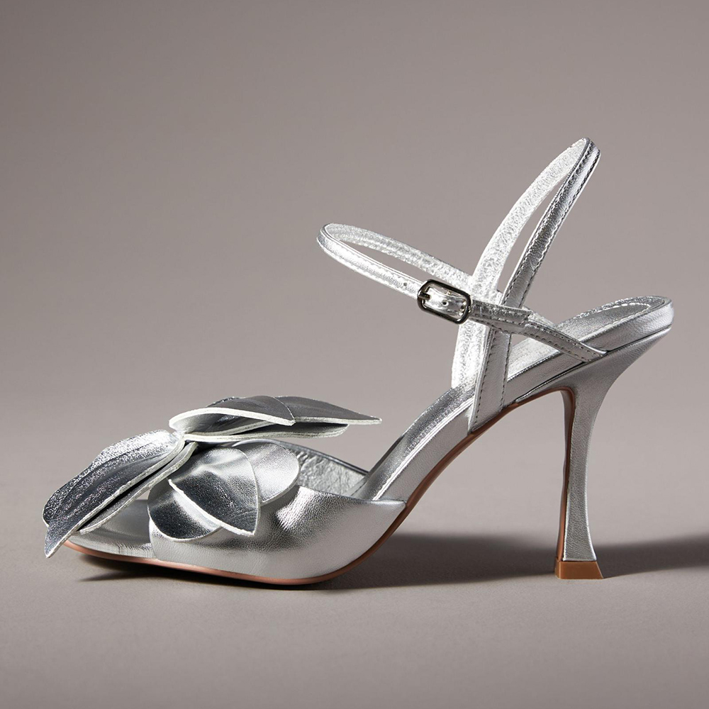 Silver Pointed Toe Stiletto Heel Floral Inlay Buckle Strappy Sandals Nicepairs