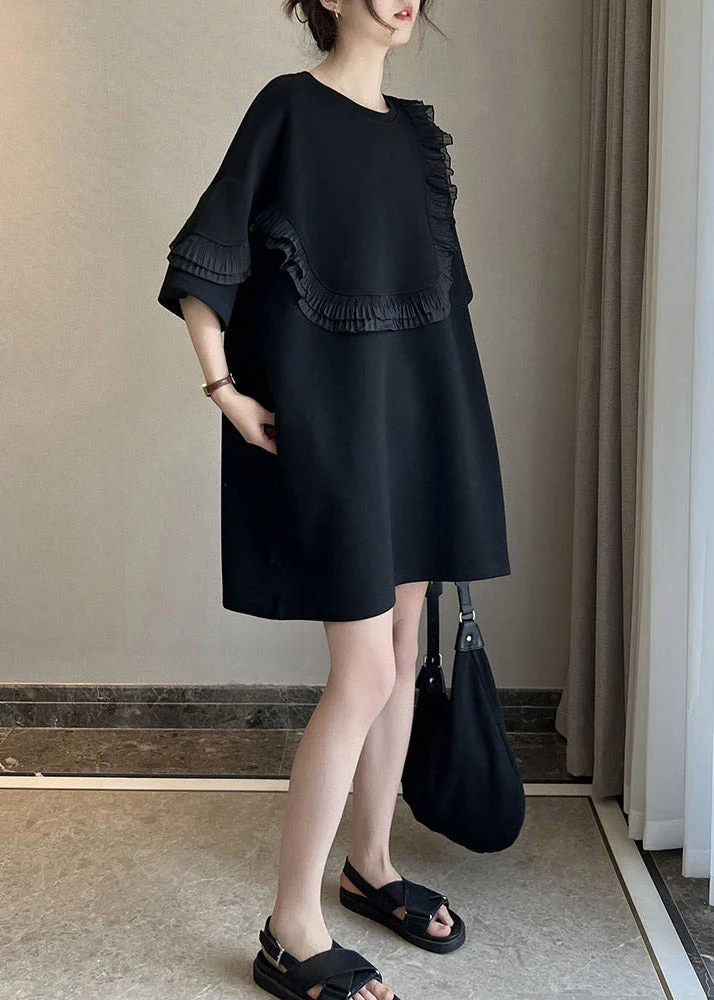 Stylish Black O-Neck Ruffled Patchwork Mid Dresses Short Sleeve