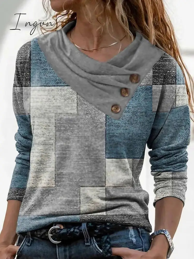 Ingvn - Women’s T Shirt Tee Red Navy Blue Geometric Abstract Button Print Long Sleeve Casual