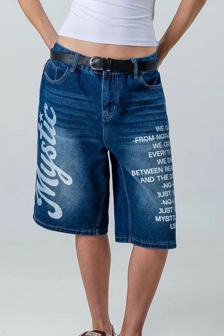 Relaxed Fit Denim Shorts with Graphic Print