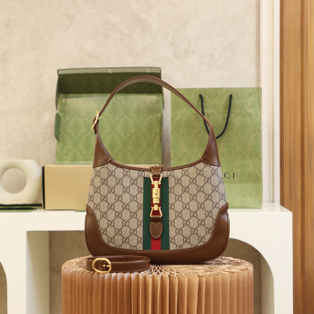 Gucci Jackie 1961 Small Shoulder Bag GG Monogram in Brown Leather Trim