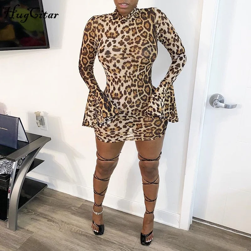 Hugcitar 2020 long flare sleeve leopard print sexy mini dress autumn winter women fashion streetwear outfits club wear