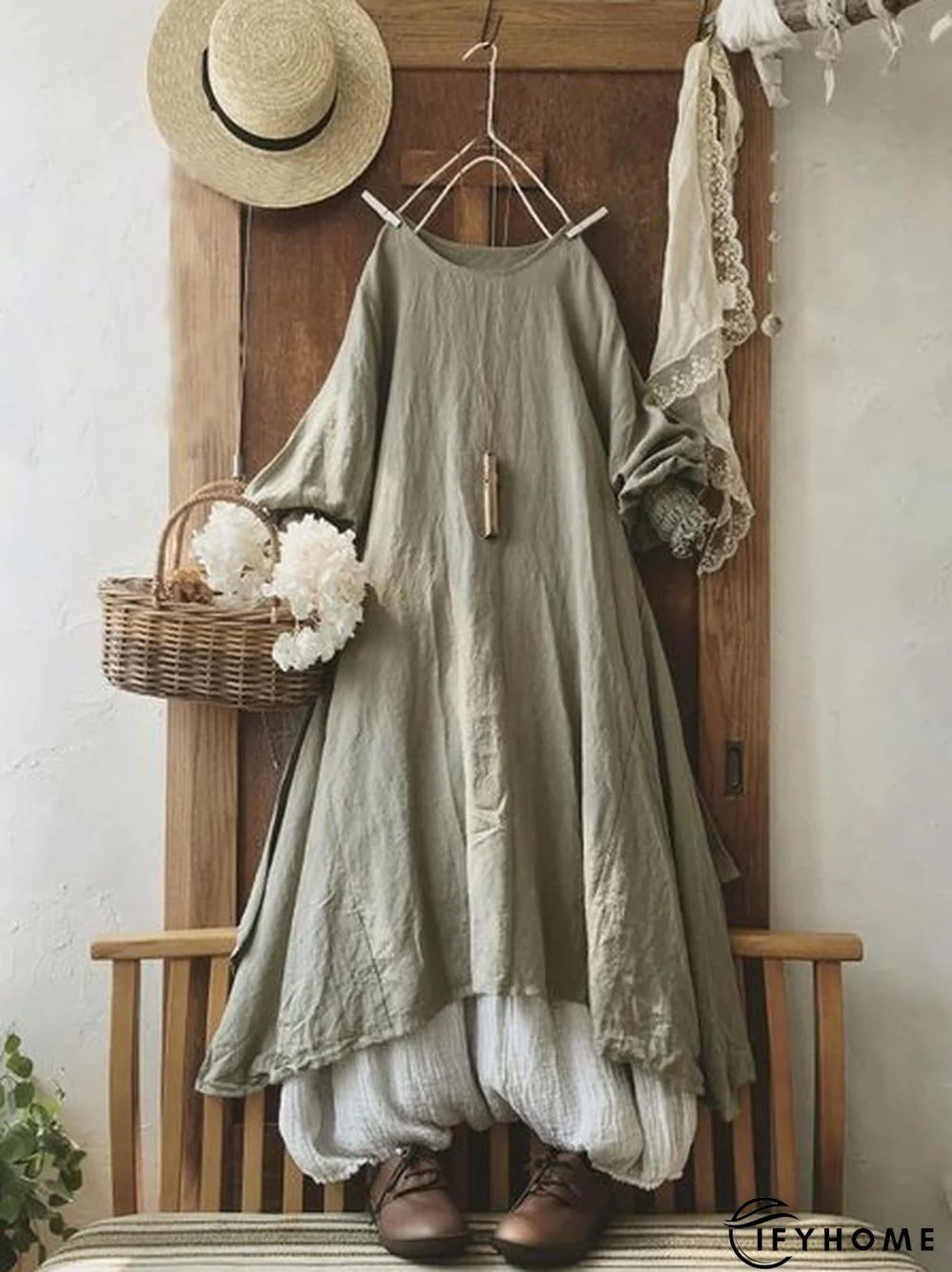 Vintage Plain Long Sleeve Casual Weaving Dress | IFYHOME