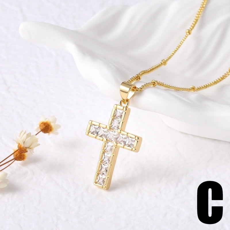201 Stainless Steel Copper Cable Chain Box Chain 18K Gold Plated Inlay Cross Zircon Pendant Necklace