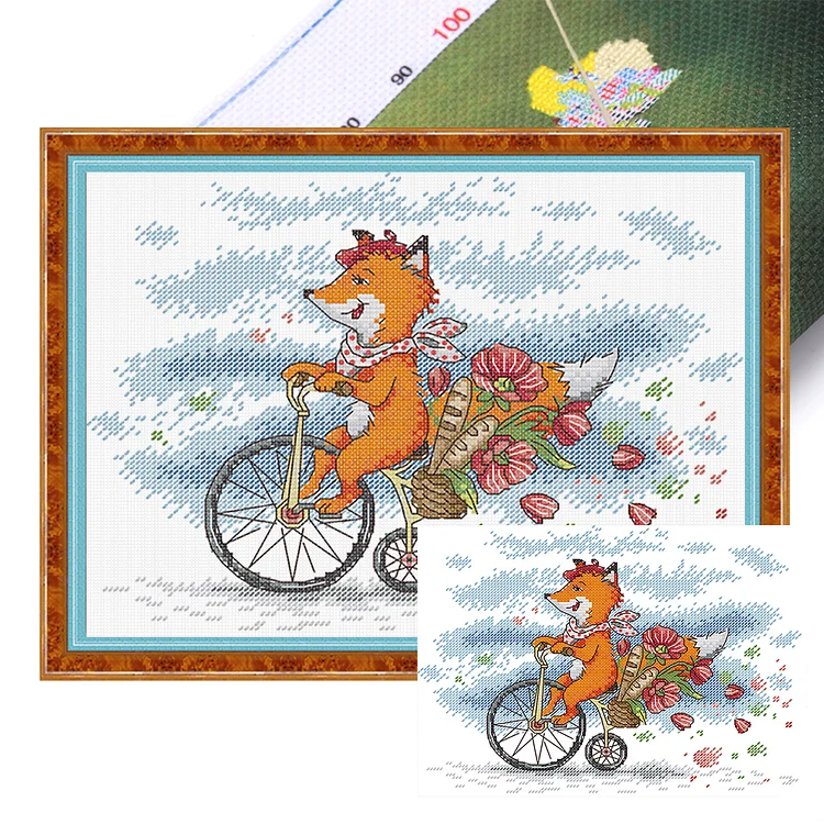【Joy Sunday Brand】Little Fox on Bicycle 29*22cm 14CT Stamped Canvas Cross Stitch gbfke