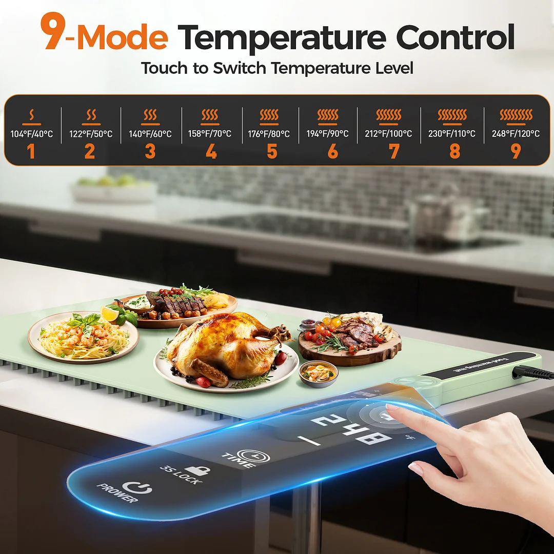 Portable Food Warming Mat for Countertop, Electric Warming Tray with 9 Temp Settings, 1-6Hrs Timer Auto Shut-Off and Child-Lock, Roll Up Silicone Food Heating Mat for Buffet Parties Gatherings