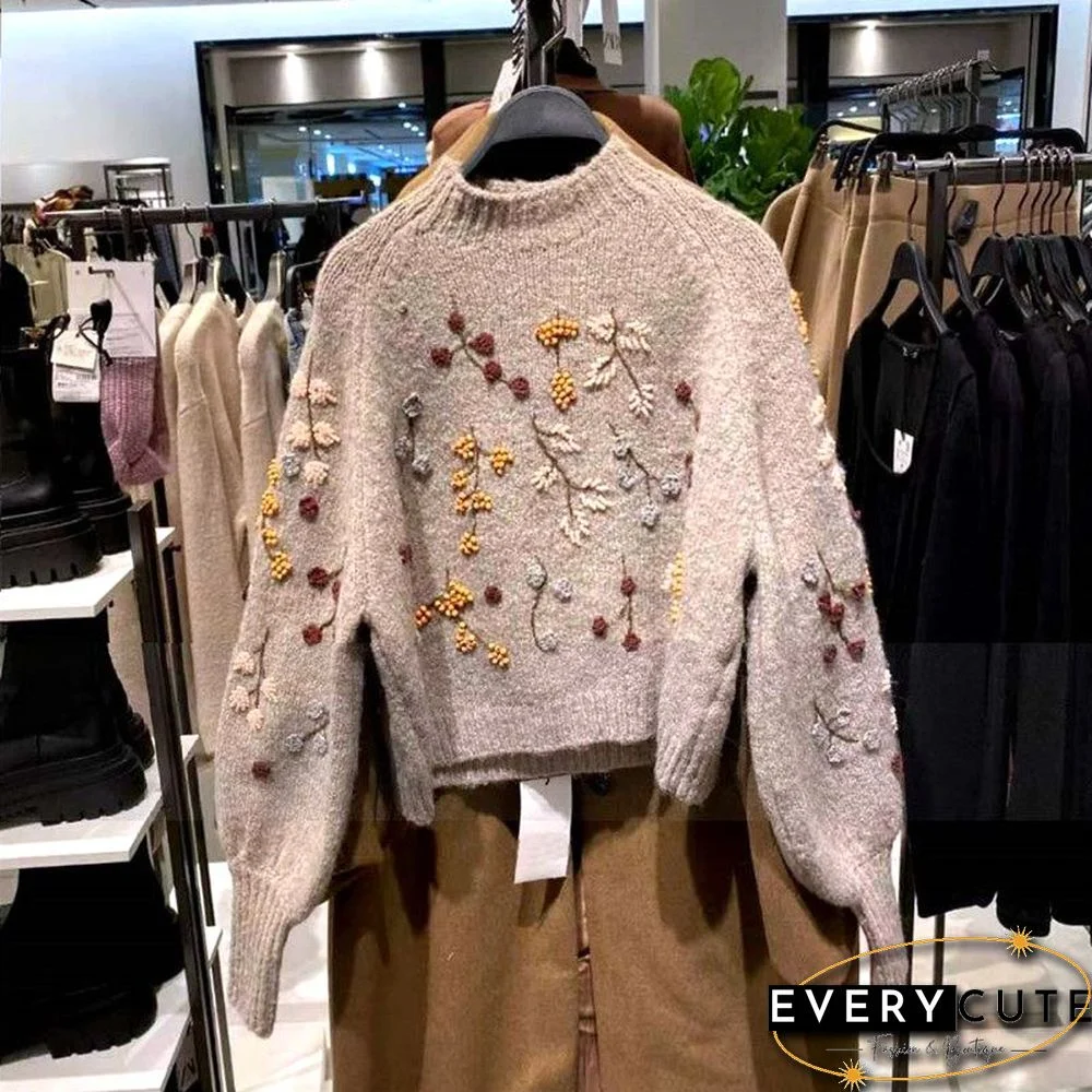 Winter Women Sweater Vintage Long Sleeve Pullover Chic Flowers Beaded Harajuku Knitted Sweateres Jumpers Top Femme