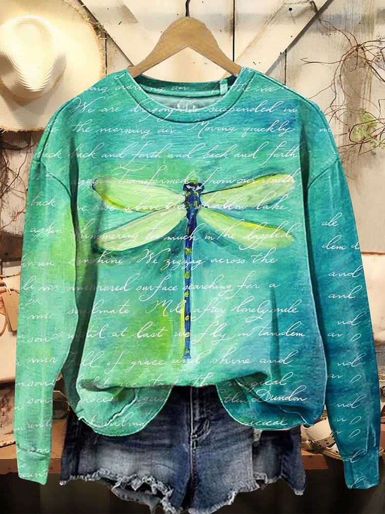 Women's Vintage Letter Dragonfly Print Casual Crew Neck Sweatshirt