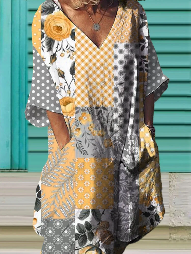 Women Floral Polkadot Print Patchwork V-Neck Dress With Pocket socialshop
