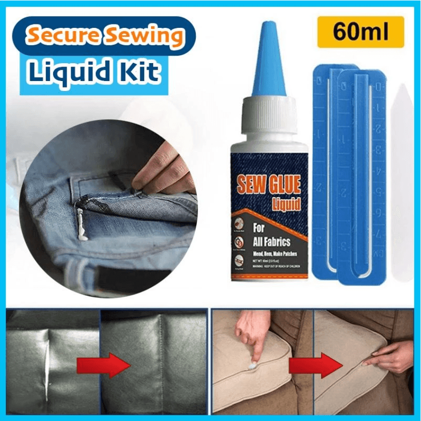 Secure Stitch Liquid Sewing Solution Kit Fabric Glue That Quickly Mends Alters Hems 8104