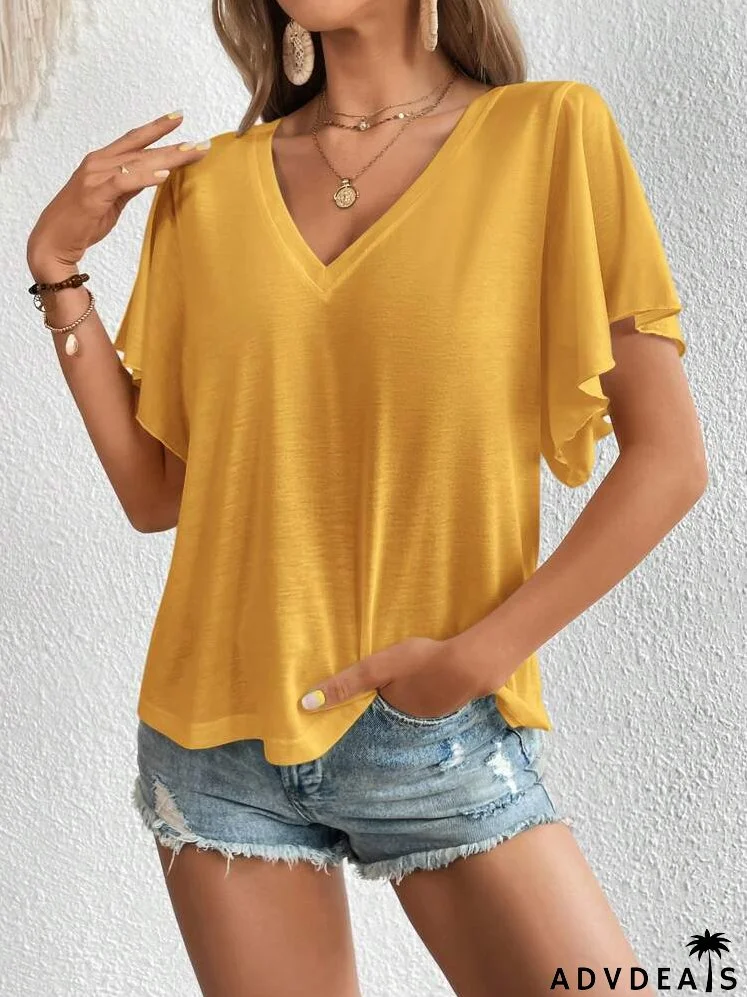 Solid V Neck Butterfly Sleeve Tee