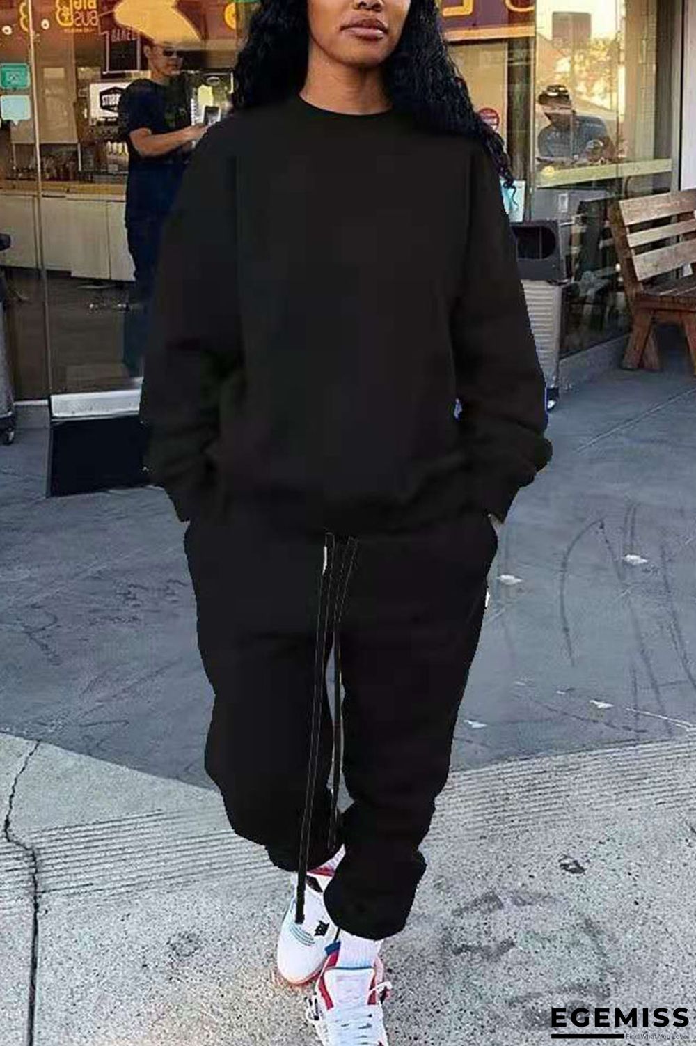 Black Casual Solid O Neck Long Sleeve Two Pieces | EGEMISS