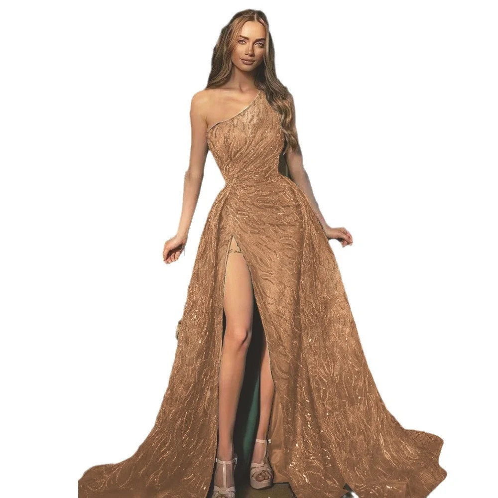 Uveng Uveng Spring Summer New Women's Slanted Shoulder Fork Dress Toast Dress Glide Sling Evening Dress