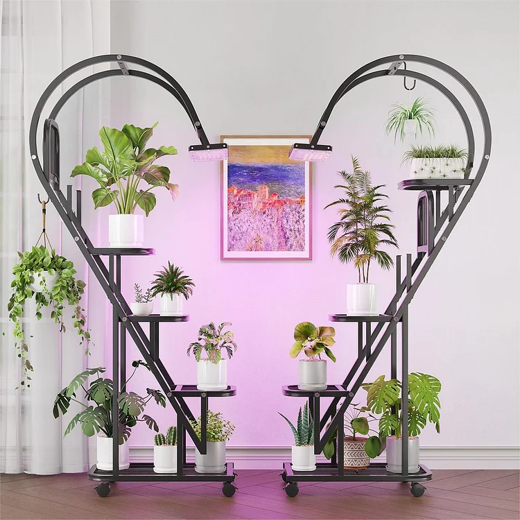 Bestier Heart Shaped Plant Stand with Grow Lights & Wheels, 5-Tier Tall Metal Plant Shelf Display Shelf with Hanging Hooks for Indoor & Outdoor, Black