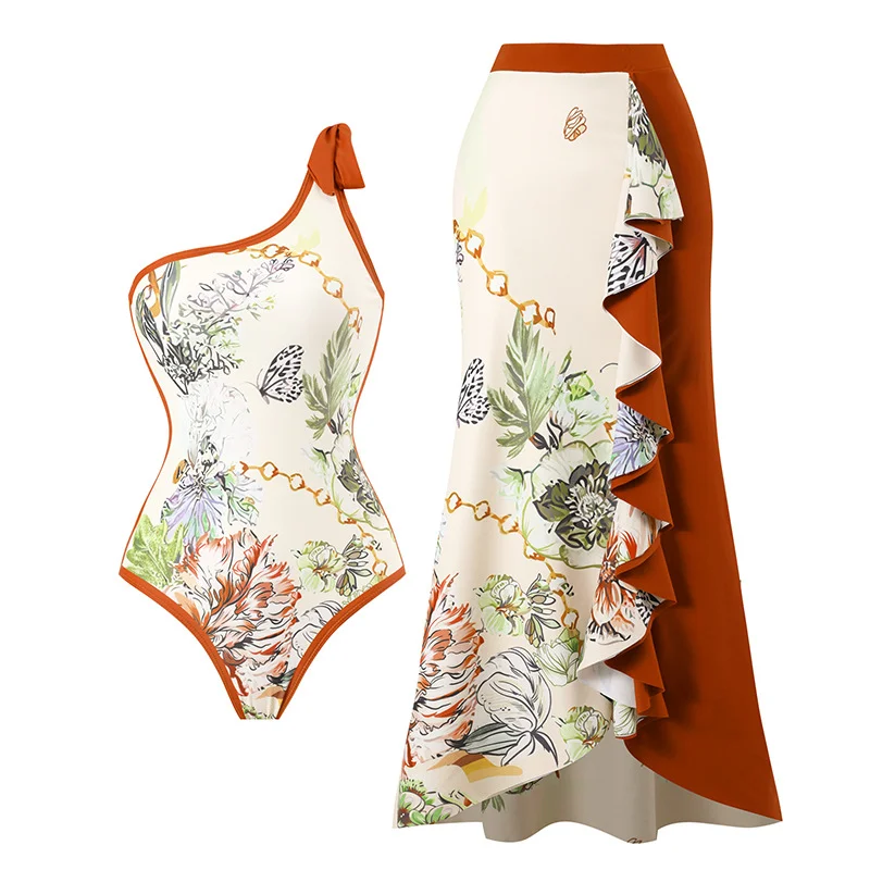 Vintage V-Neck Colorblock Print One-Piece Swimsuit