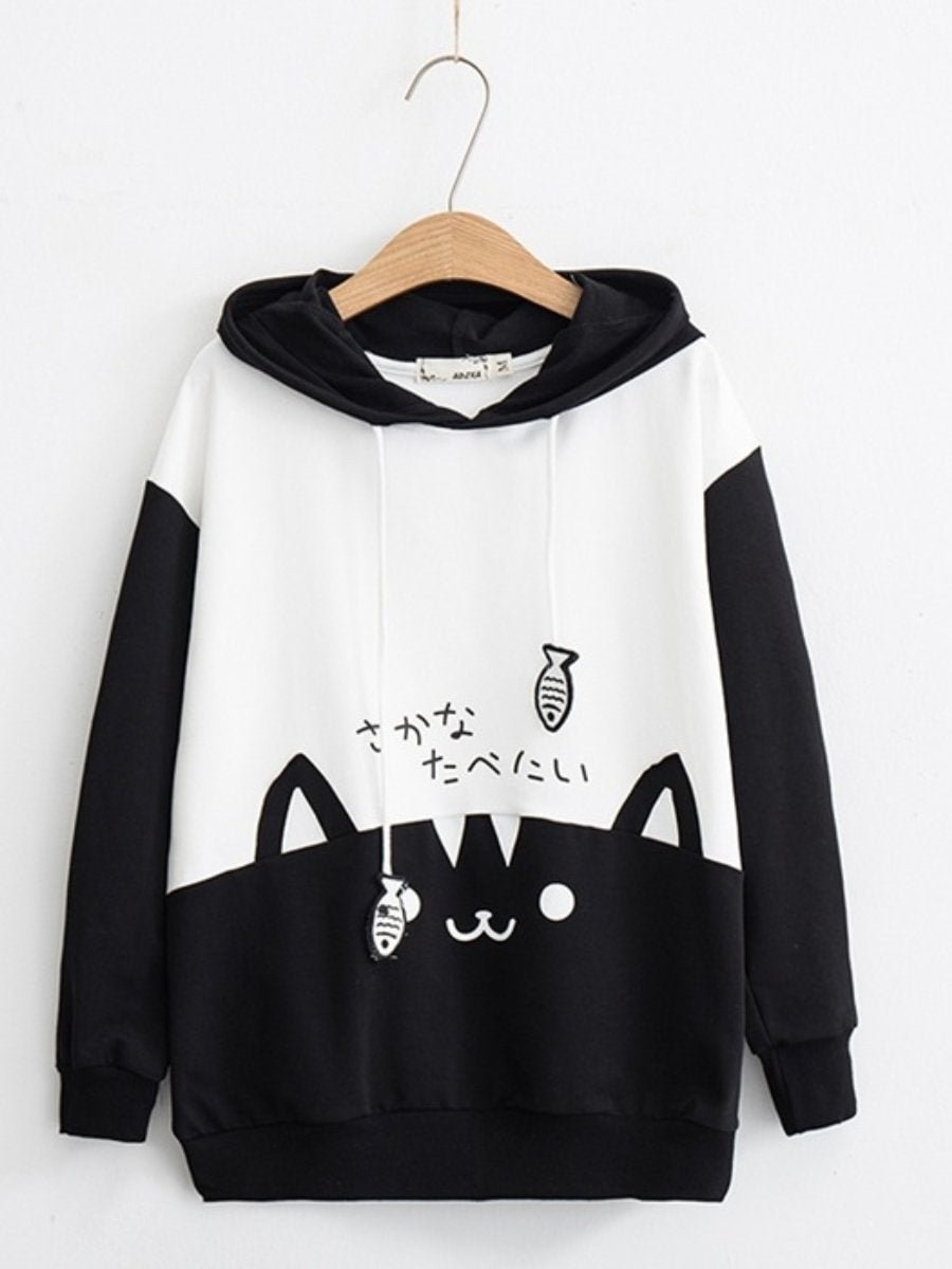 Hoodies For Women Cute Cat Stitching Casual Long Sleeve Sweatshirt