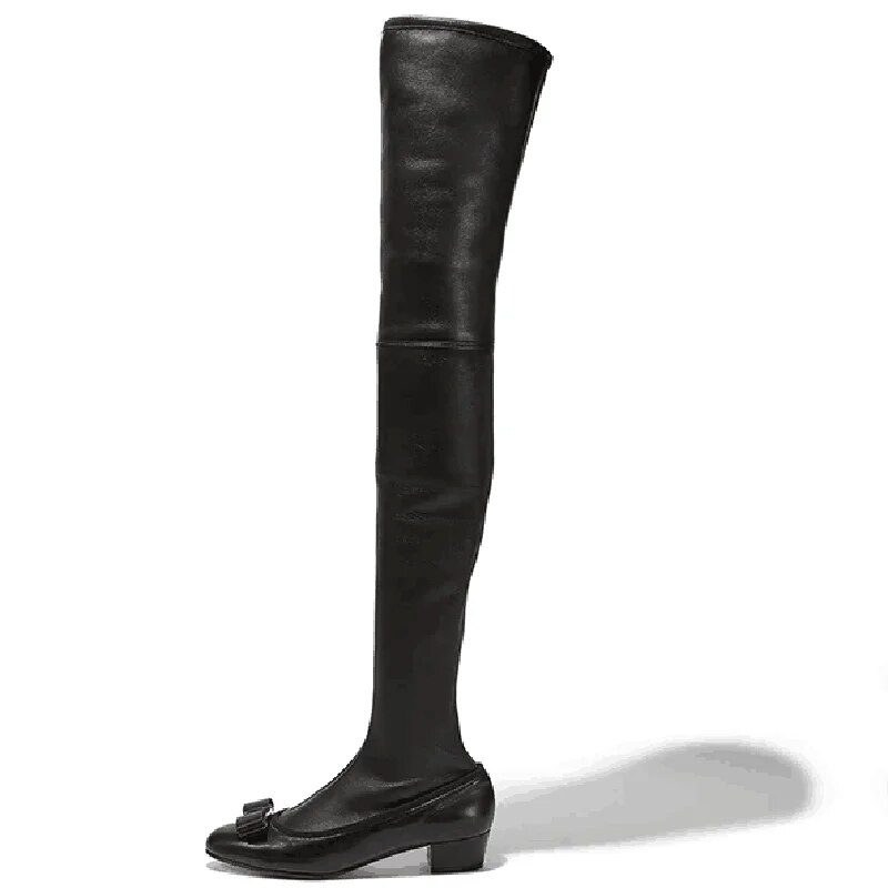 TAAFO Zipper Black Over The Knee Woman Boots Butterfly-Knot Med Chunky Heels Round Toe 