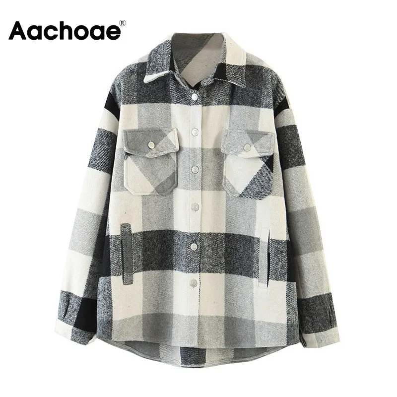 Aachoae Loose Casual Wool Plaid Jacket Women Turn Down Collar Fashion Coat With Pockets Autumn Long Sleeve Ladies Jackets Coats