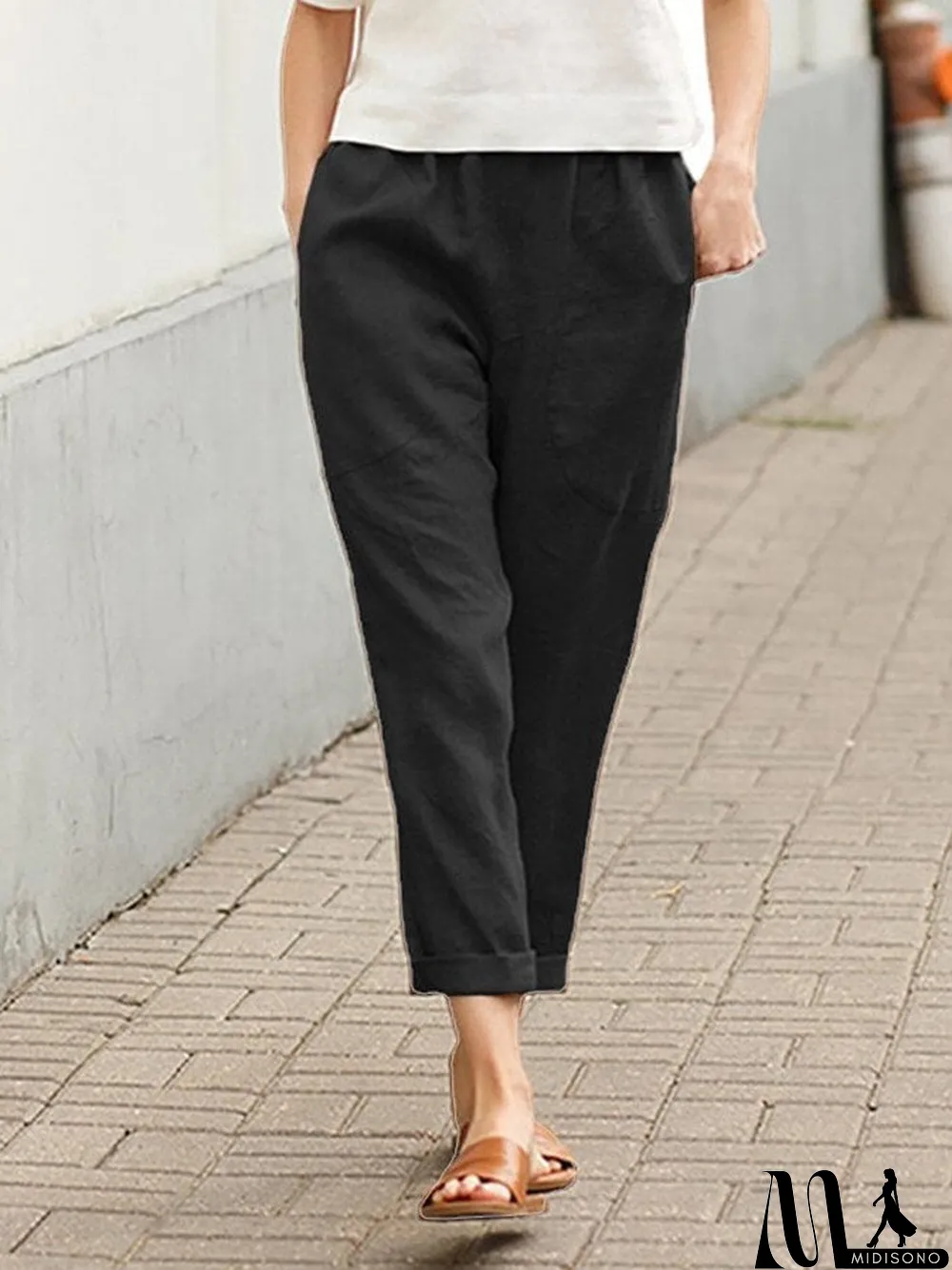 MidiSono - Women's Cotton Linen Solid Color Casual Pants