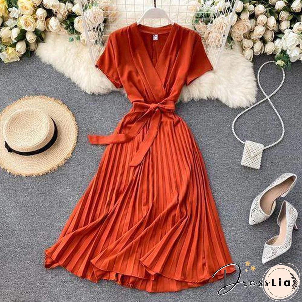 Autumn Fashion New Female Solid Pleated Dress Women V neck Short Sleeves Sashes Long Dresses Summer Streetwear Vintage