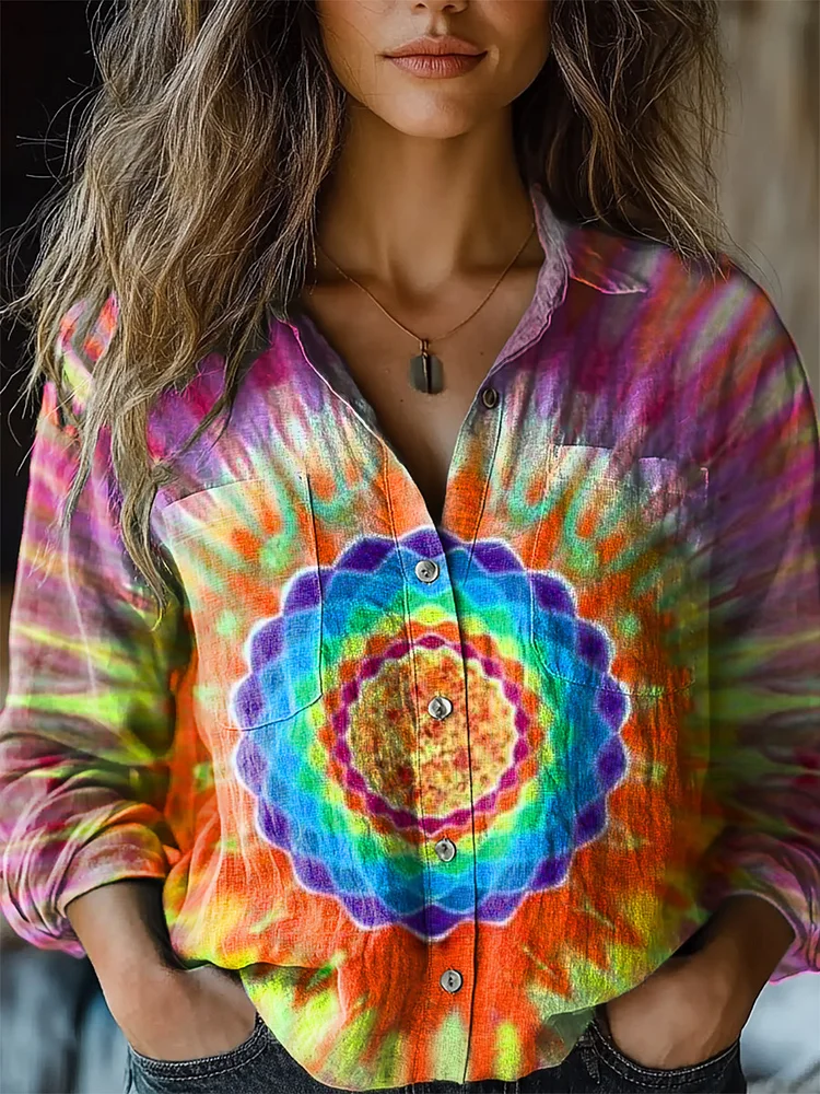 Women's Retro Tie Dye Print Casual Long Sleeve Comfortable Cotton Shirt