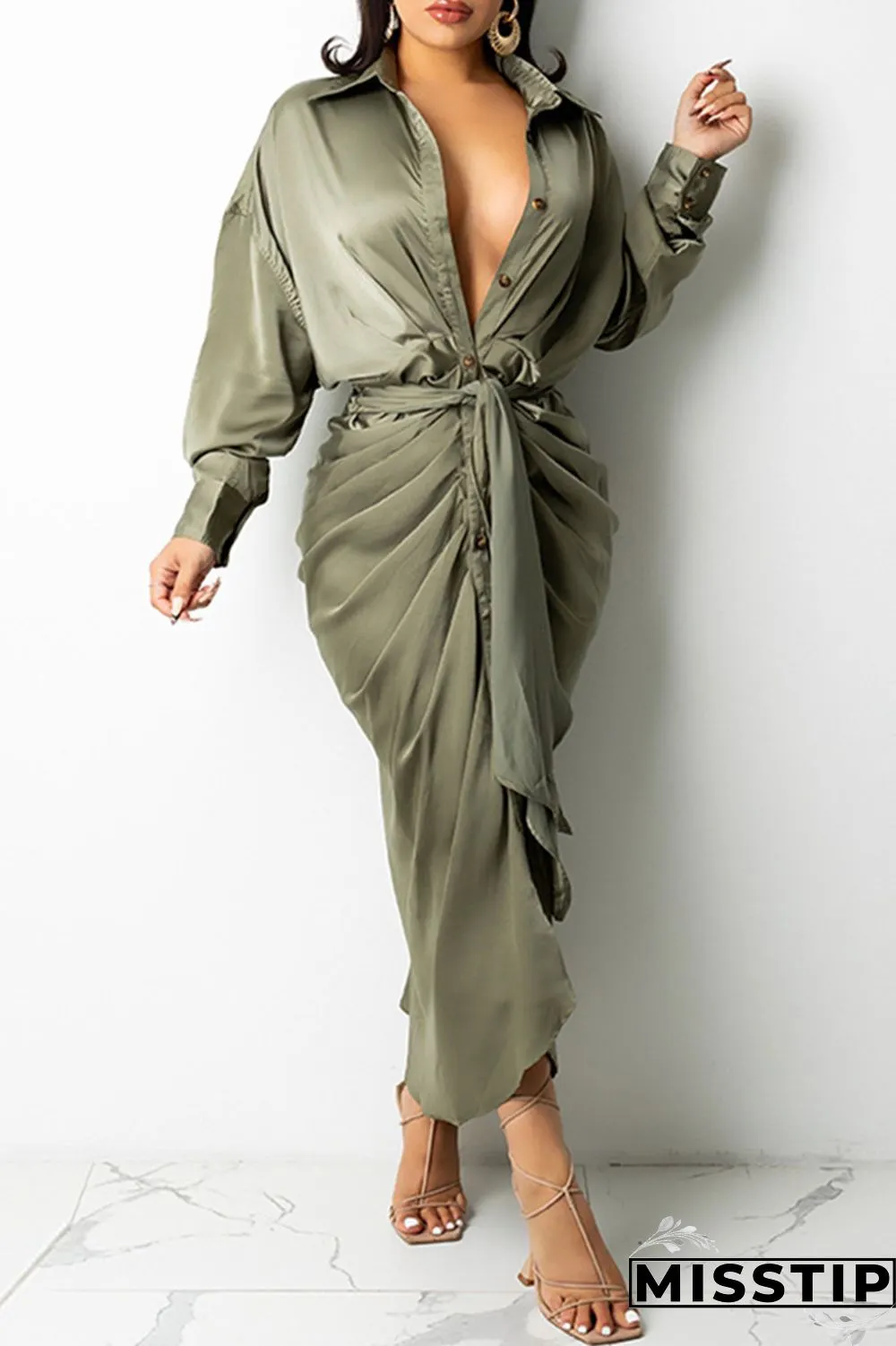 Light Beige Gray Fashion Casual Solid Bandage Turndown Collar Long Sleeve Dresses