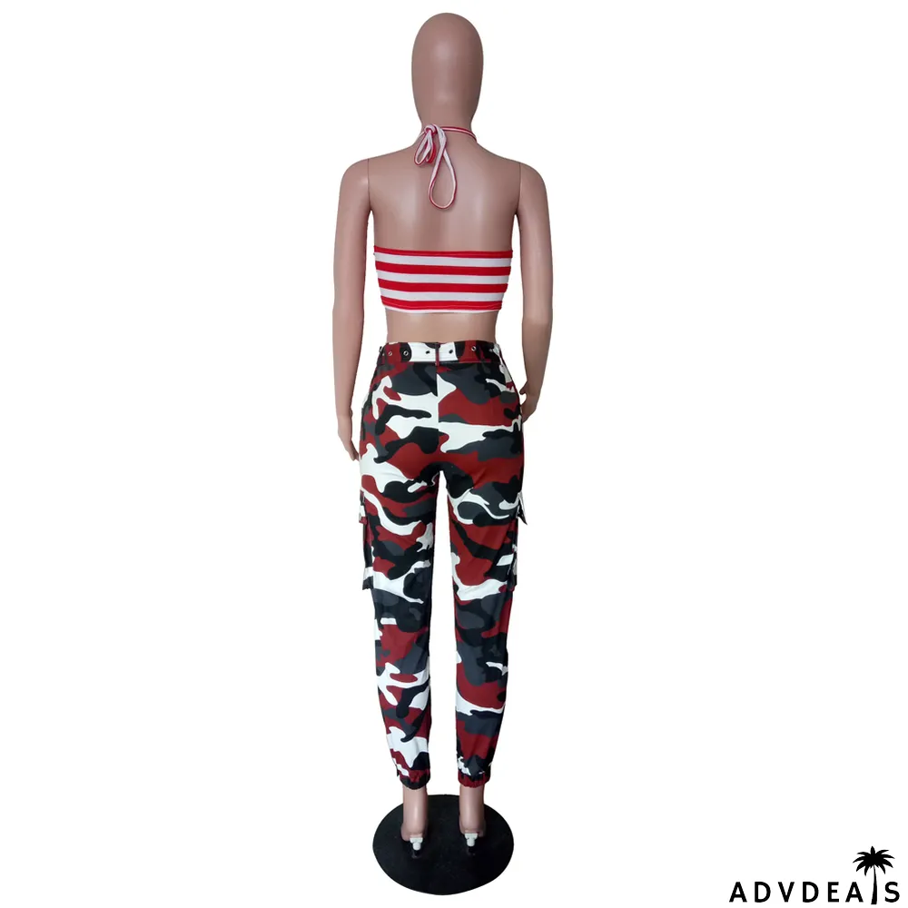 Spring High Waist Camou Cargo Pants with Belt