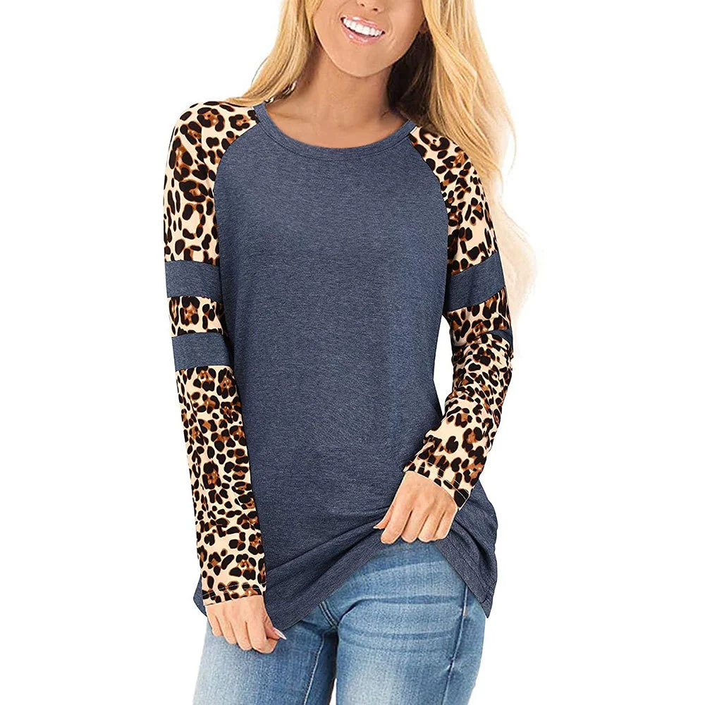 Navy Blue Spliced Leopard Cotton Blend Long Sleeve Tops