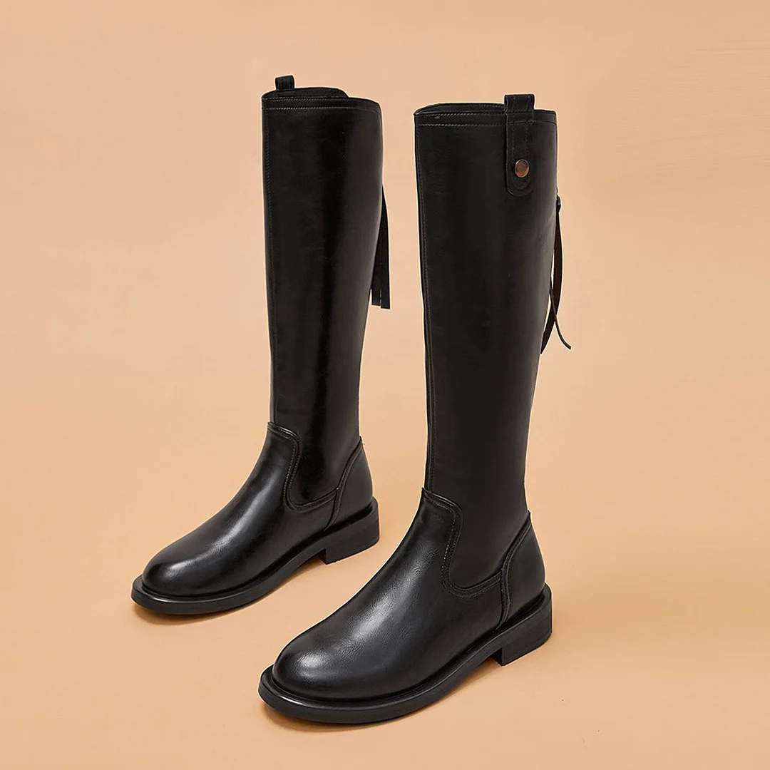 Classic Black Round Toe Zipper Knee High Flat Riding Boots for Women