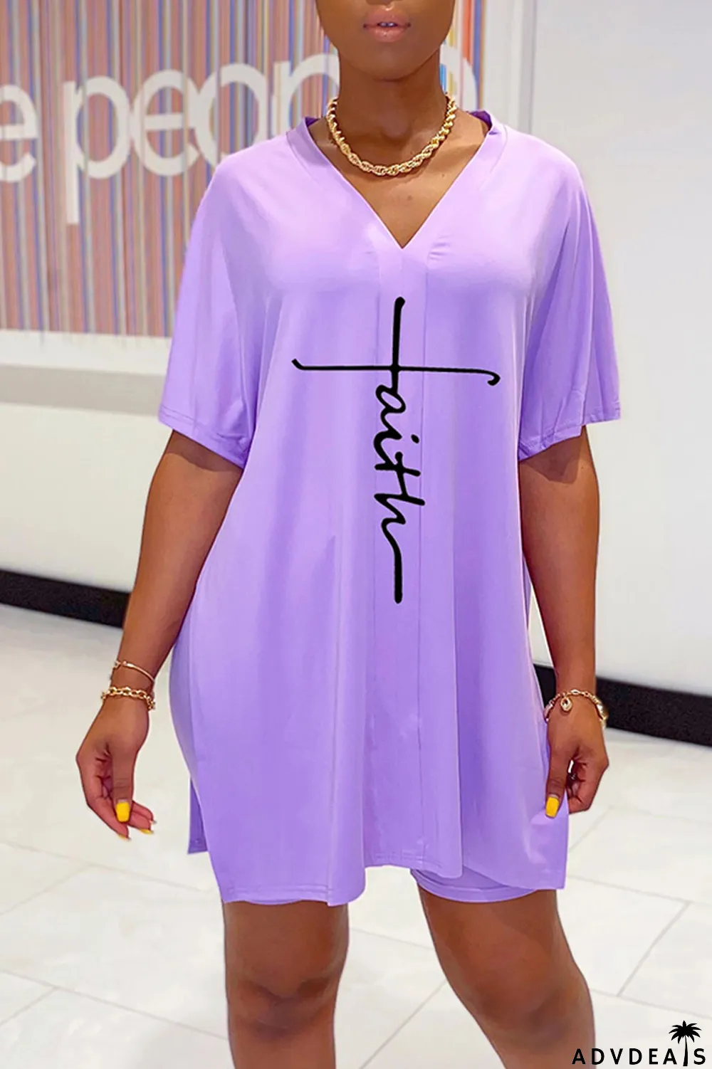 Tangerine Red Casual Print Split Joint V Neck Short Sleeve Two Pieces