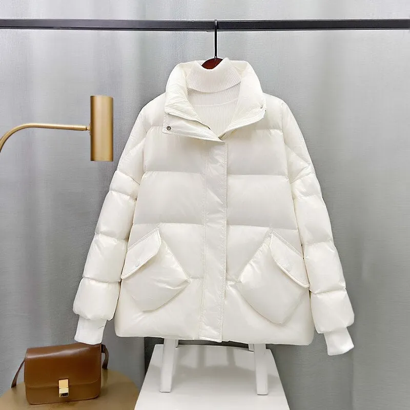 Ailegogo Autumn Winter Women 90% White Duck Down Short Jacket Casual Female Stand Collar Pocket Down Coat Warm Snow Outwear