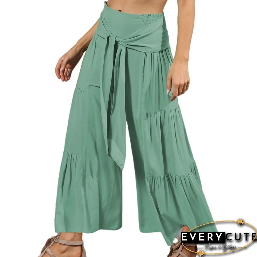 Green Solid Color Cropped Flare Pants with Tie